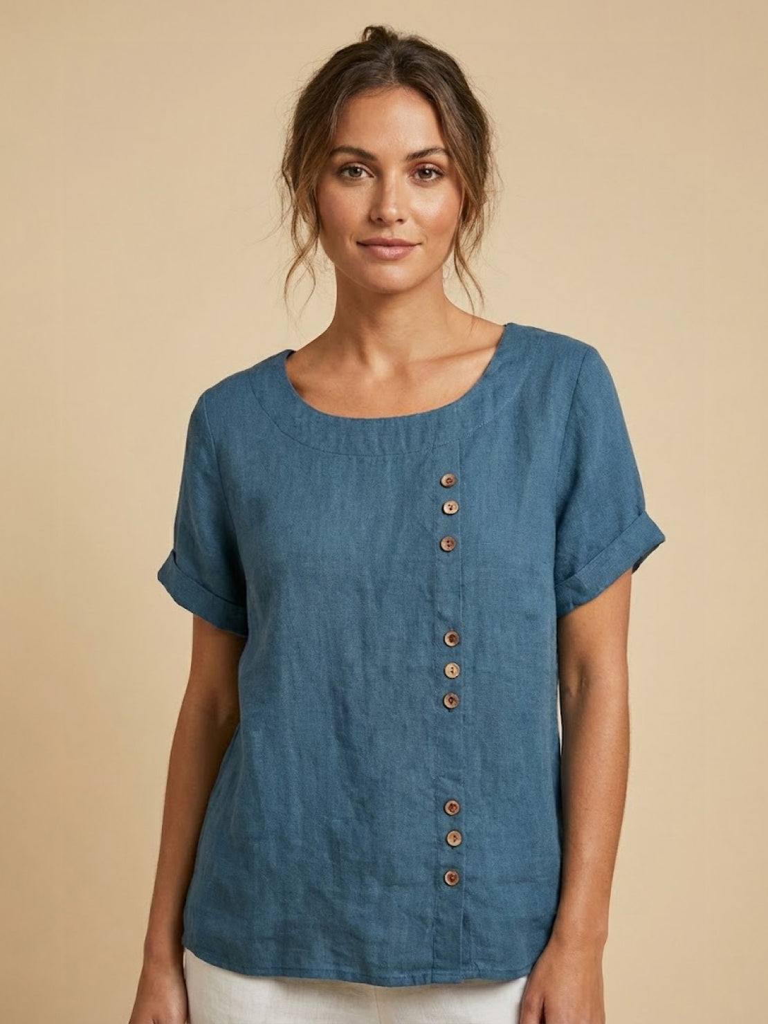 Wanda | Women’s Linen Round Neck Button Blouse
