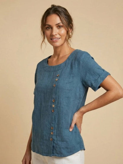 Wanda | Women’s Linen Round Neck Button Blouse