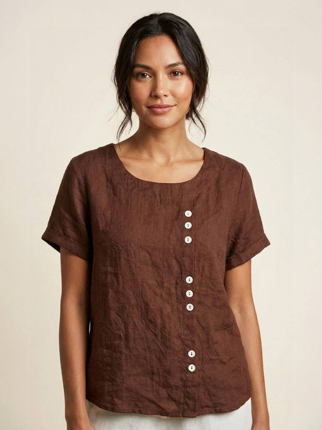 Wanda | Women’s Linen Round Neck Button Blouse