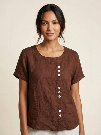Wanda | Women’s Linen Round Neck Button Blouse
