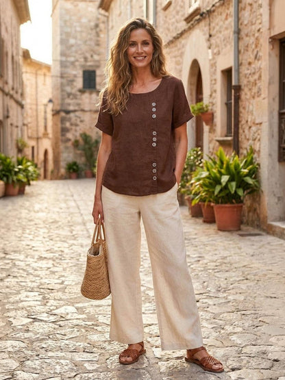 Wanda | Women’s Linen Round Neck Button Blouse