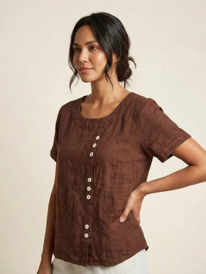 Wanda | Women’s Linen Round Neck Button Blouse