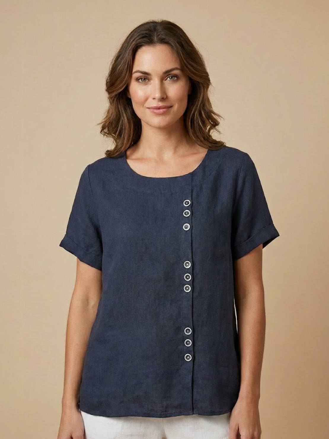 Wanda | Women’s Linen Round Neck Button Blouse