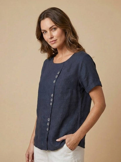 Wanda | Women’s Linen Round Neck Button Blouse