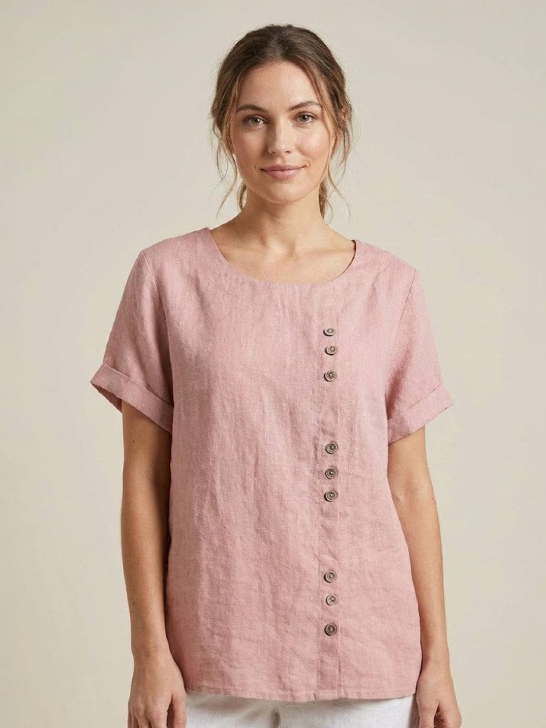 Wanda | Women’s Linen Round Neck Button Blouse