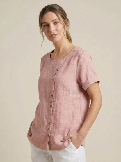 Wanda | Women’s Linen Round Neck Button Blouse