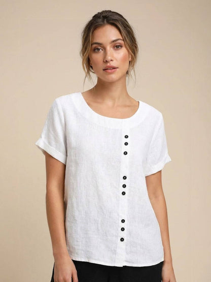 Wanda | Women’s Linen Round Neck Button Blouse