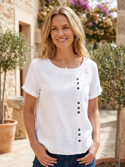Wanda | Women’s Linen Round Neck Button Blouse