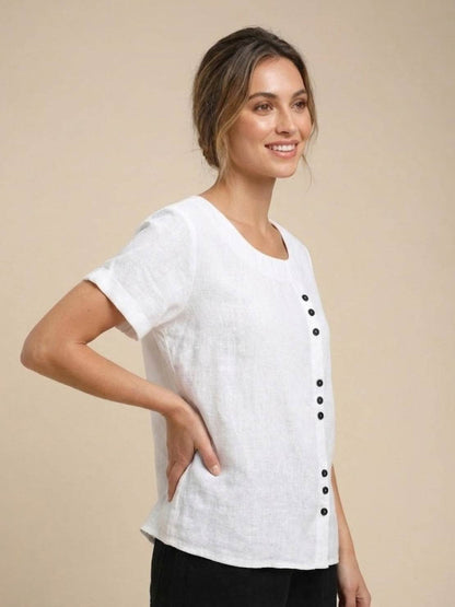 Wanda | Women’s Linen Round Neck Button Blouse