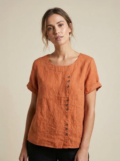 Wanda | Women’s Linen Round Neck Button Blouse
