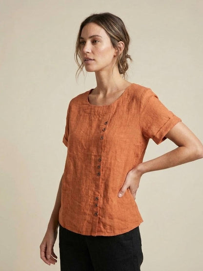 Wanda | Women’s Linen Round Neck Button Blouse