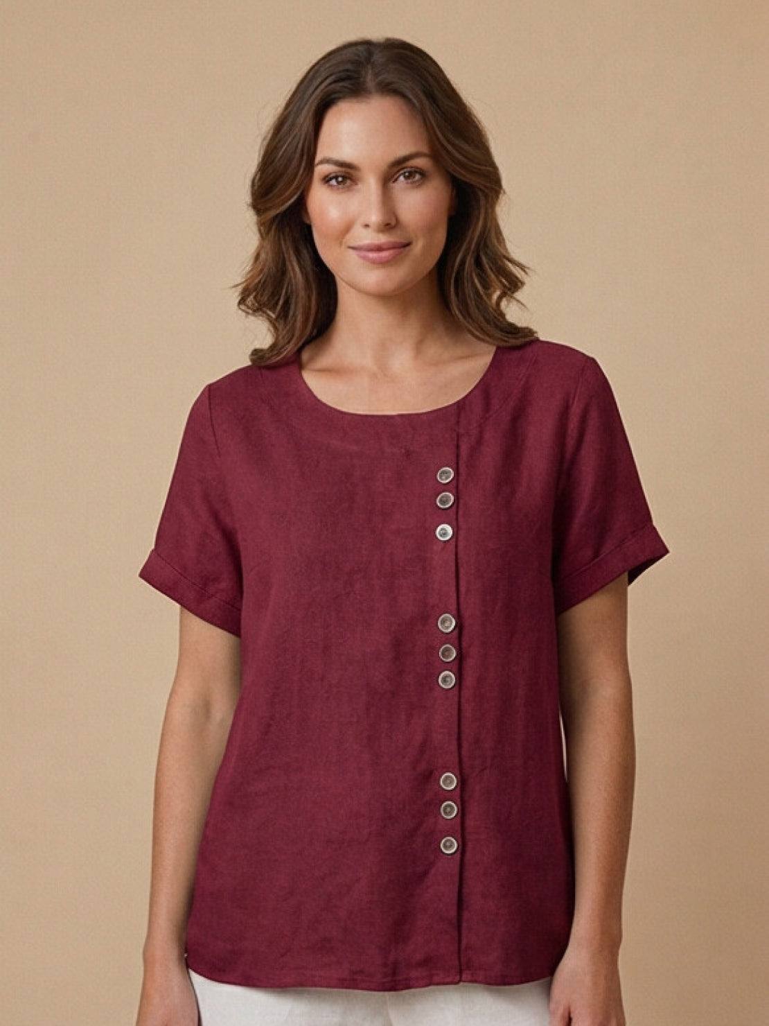 Wanda | Women’s Linen Round Neck Button Blouse