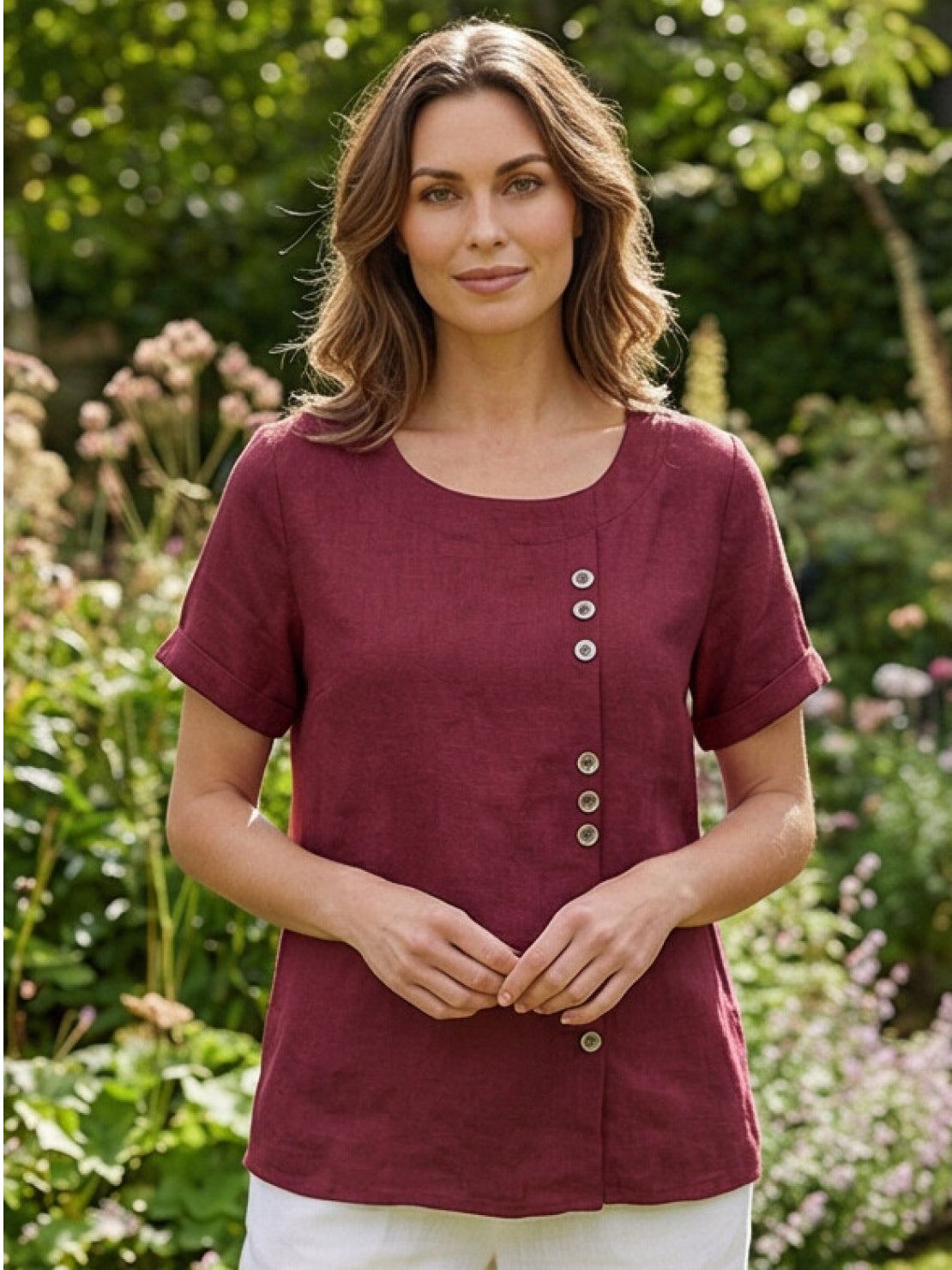 Wanda | Women’s Linen Round Neck Button Blouse