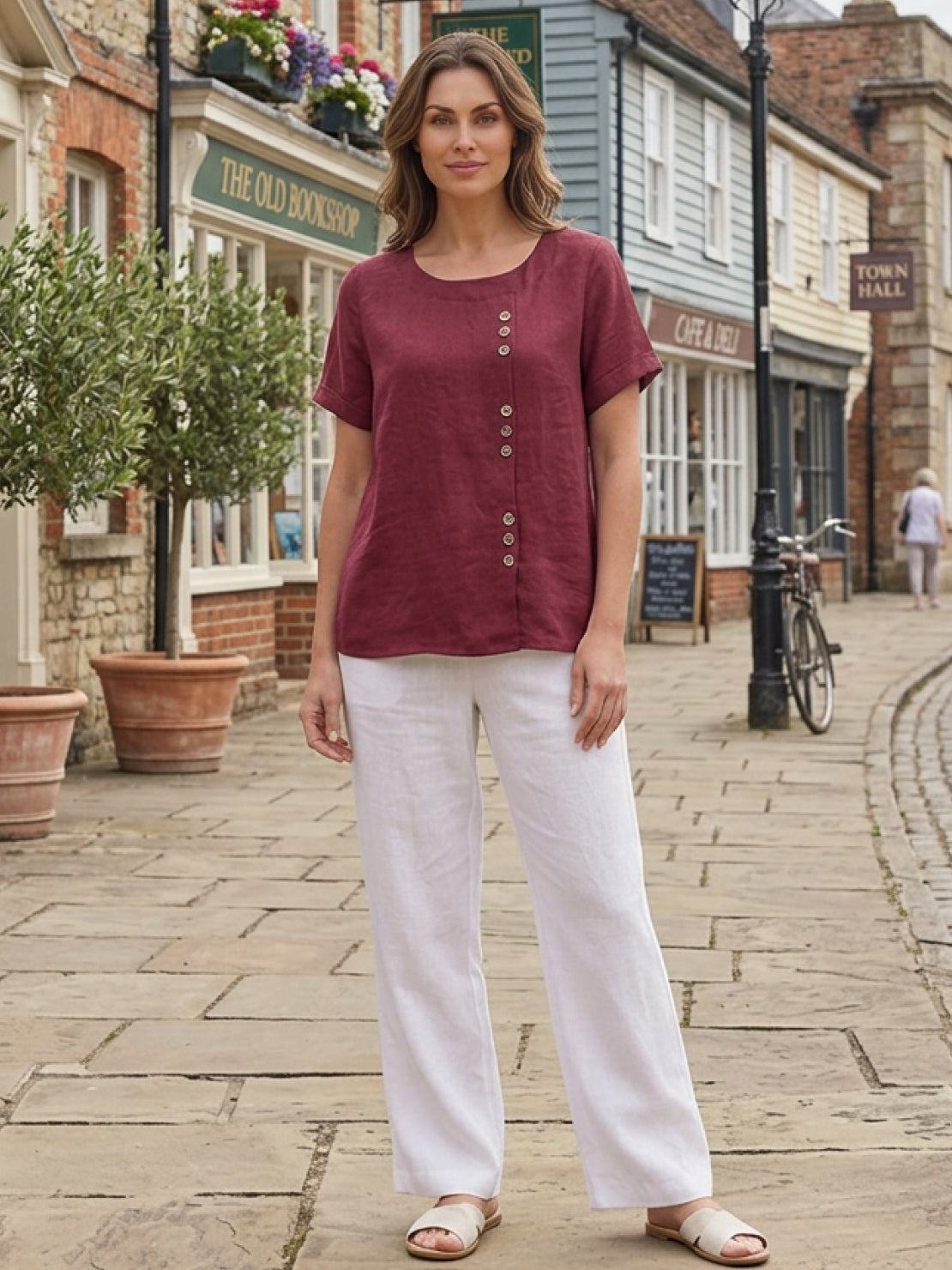 Wanda | Women’s Linen Round Neck Button Blouse