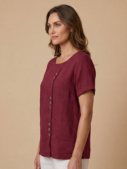 Wanda | Women’s Linen Round Neck Button Blouse