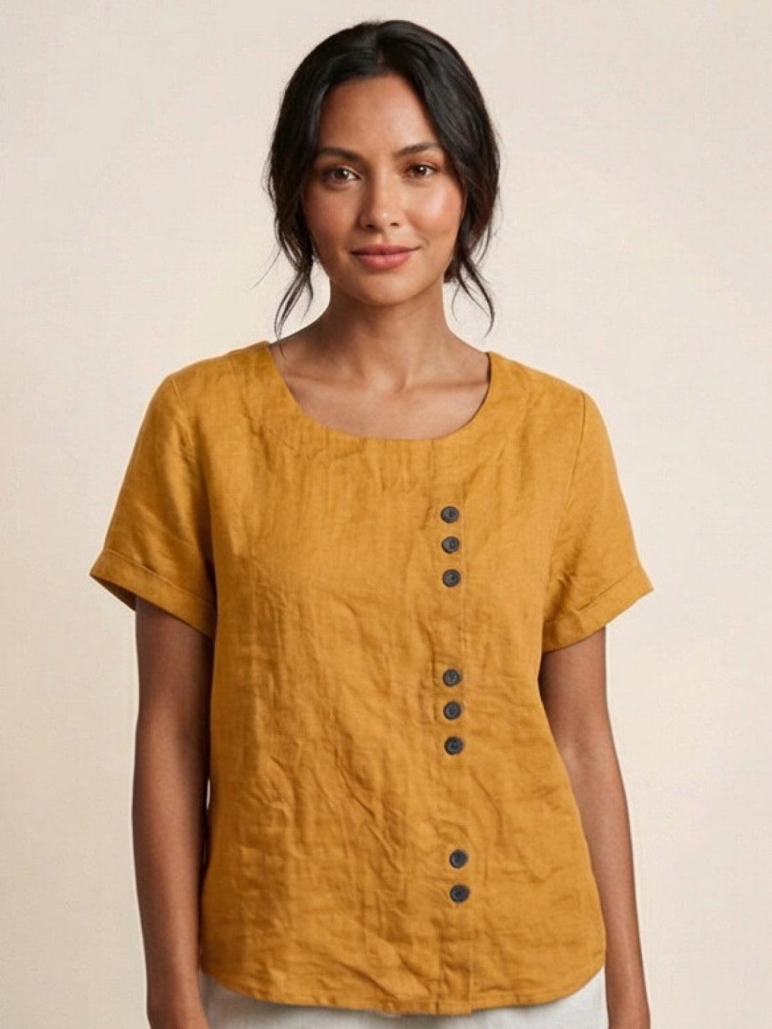 Wanda | Women’s Linen Round Neck Button Blouse