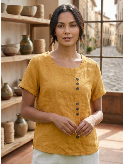 Wanda | Women’s Linen Round Neck Button Blouse