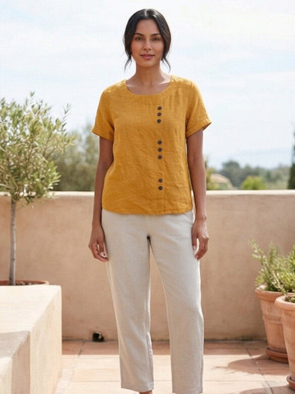 Wanda | Women’s Linen Round Neck Button Blouse