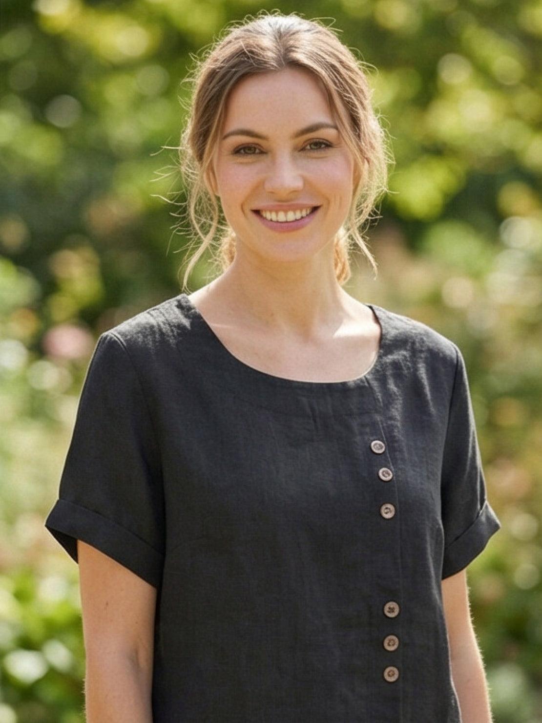 Wanda | Women’s Linen Round Neck Button Blouse