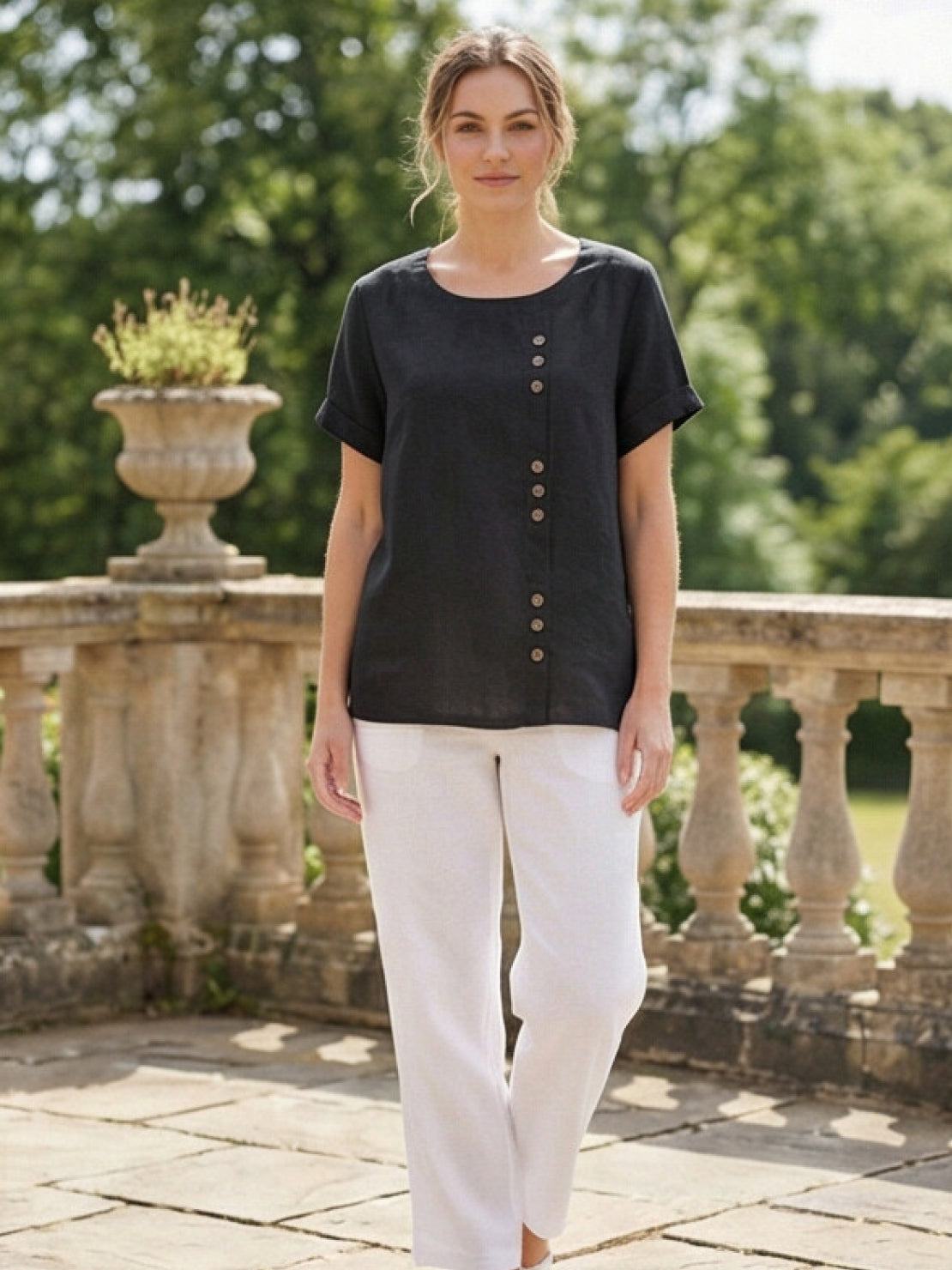 Wanda | Women’s Linen Round Neck Button Blouse
