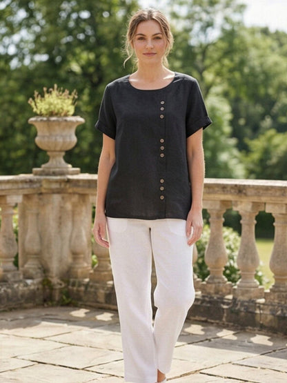 Wanda | Women’s Linen Round Neck Button Blouse