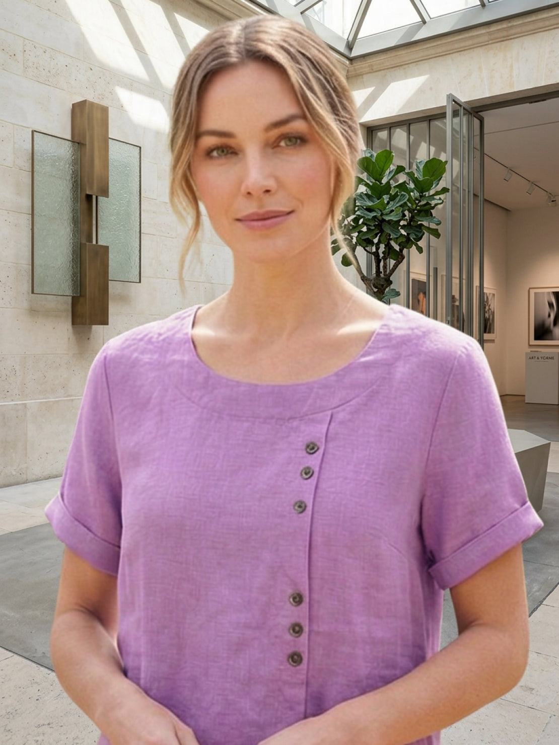 Wanda | Women’s Linen Round Neck Button Blouse
