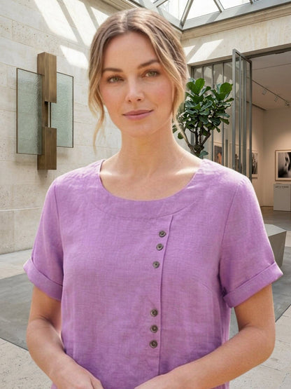 Wanda | Women’s Linen Round Neck Button Blouse