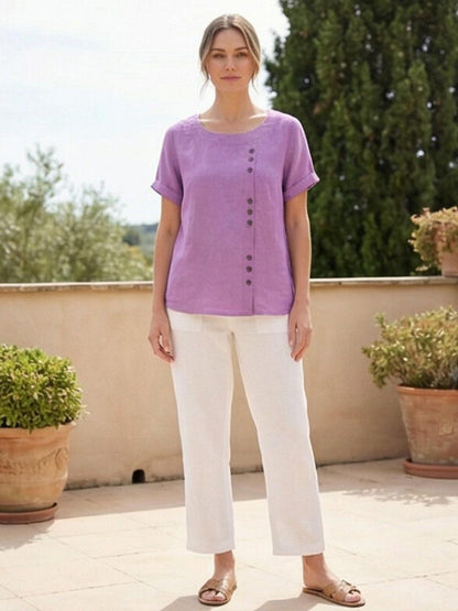 Wanda | Women’s Linen Round Neck Button Blouse