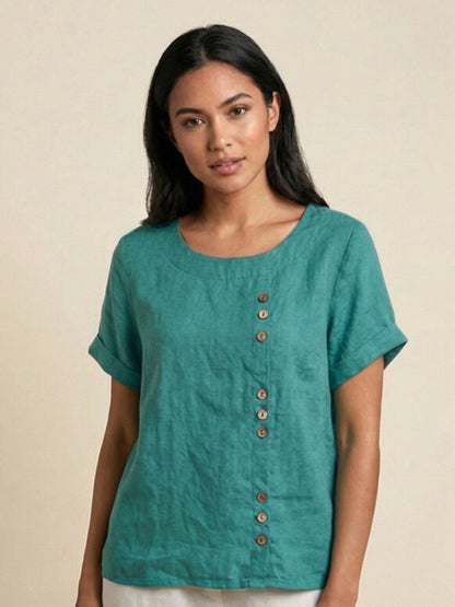 Wanda | Women’s Linen Round Neck Button Blouse