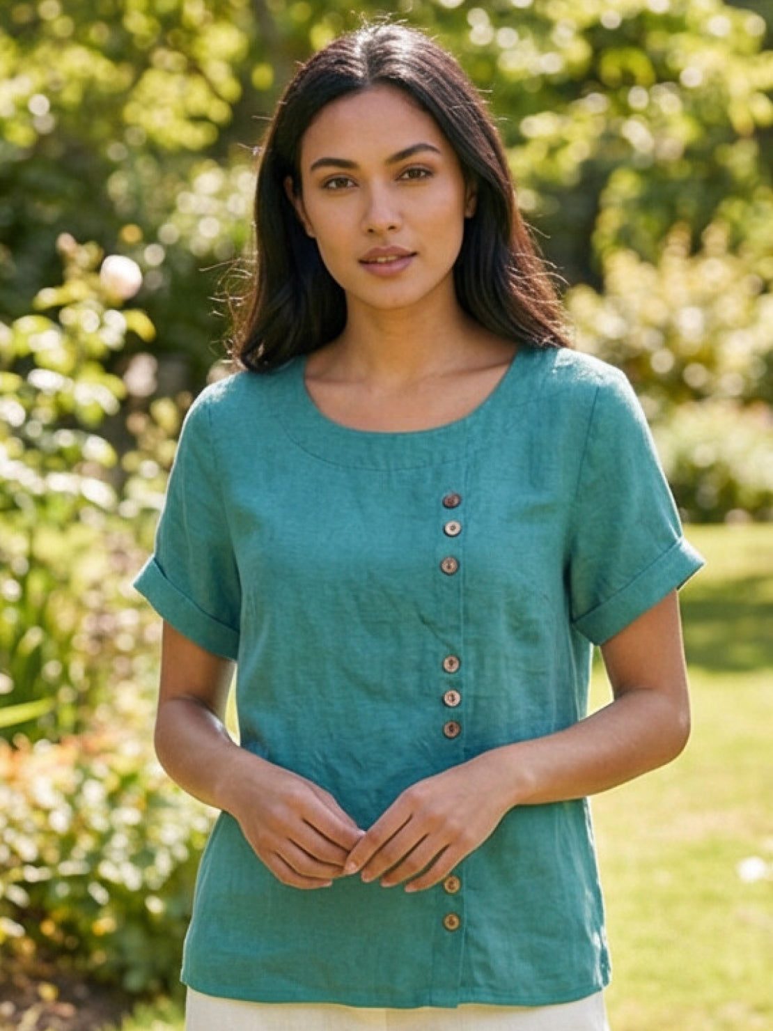 Wanda | Women’s Linen Round Neck Button Blouse