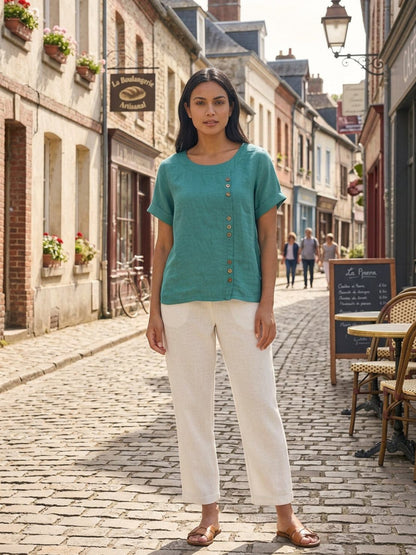 Wanda | Women’s Linen Round Neck Button Blouse