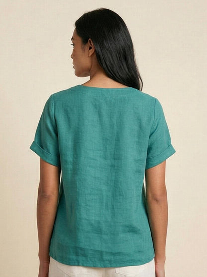 Wanda | Women’s Linen Round Neck Button Blouse