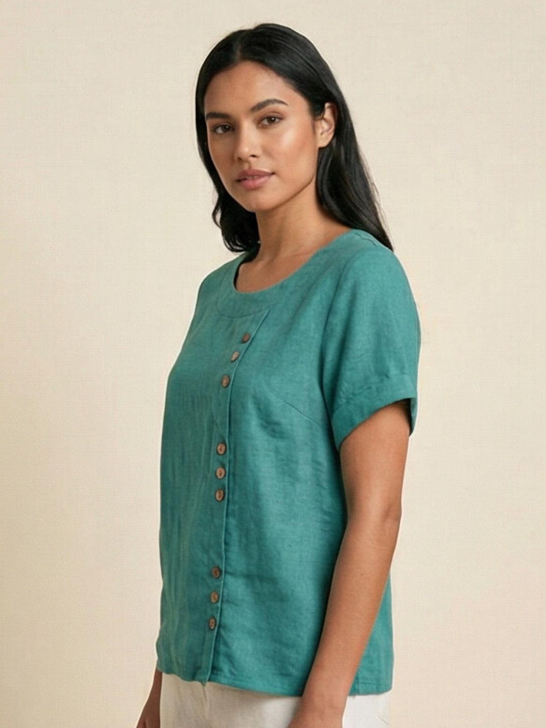 Wanda | Women’s Linen Round Neck Button Blouse