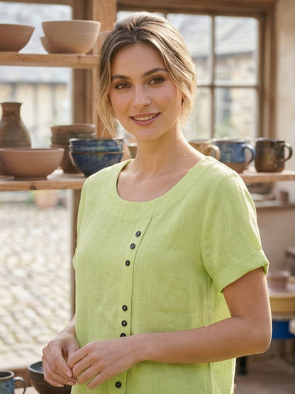 Wanda | Women’s Linen Round Neck Button Blouse