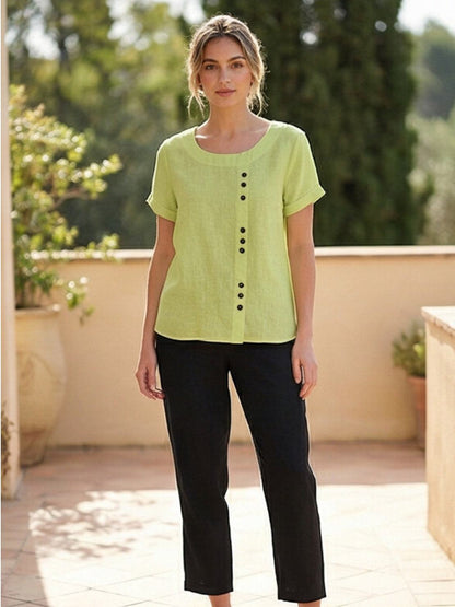 Wanda | Women’s Linen Round Neck Button Blouse