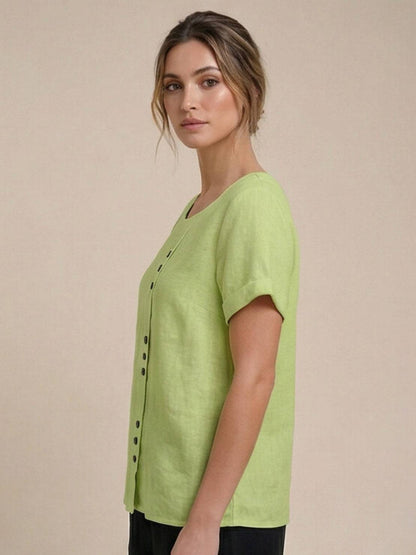 Wanda | Women’s Linen Round Neck Button Blouse