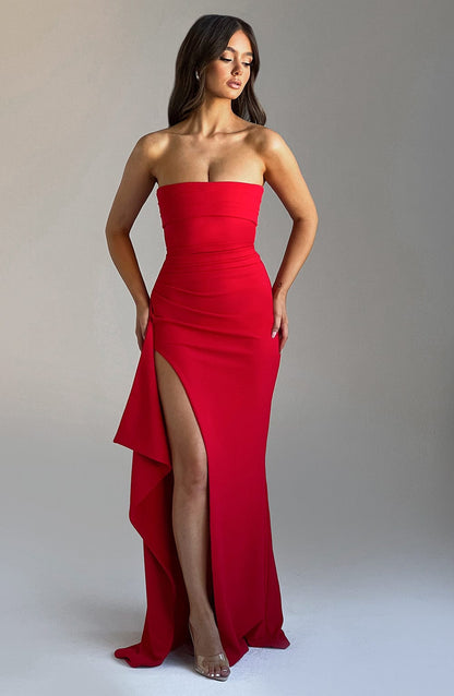 Evangeline | Women’s Strapless Ruched High Slit Maxi Dress